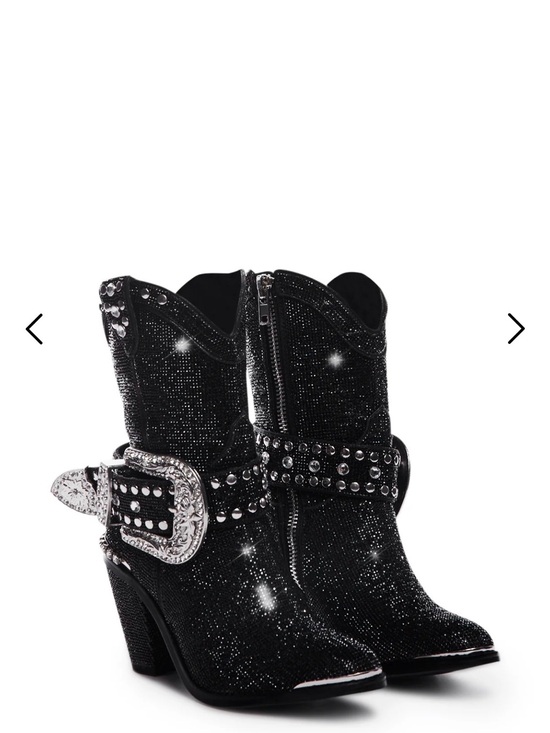 Dolls Kill Shoes - Dolls Kill Black Glitter Western Ankle Boots with Studded Buckle